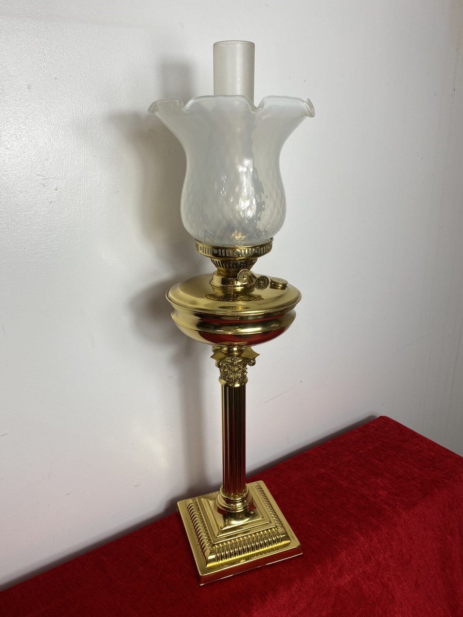 Brass Corinthian Column Table Oil Lamp With White Opaque Glass Funnel & Shade