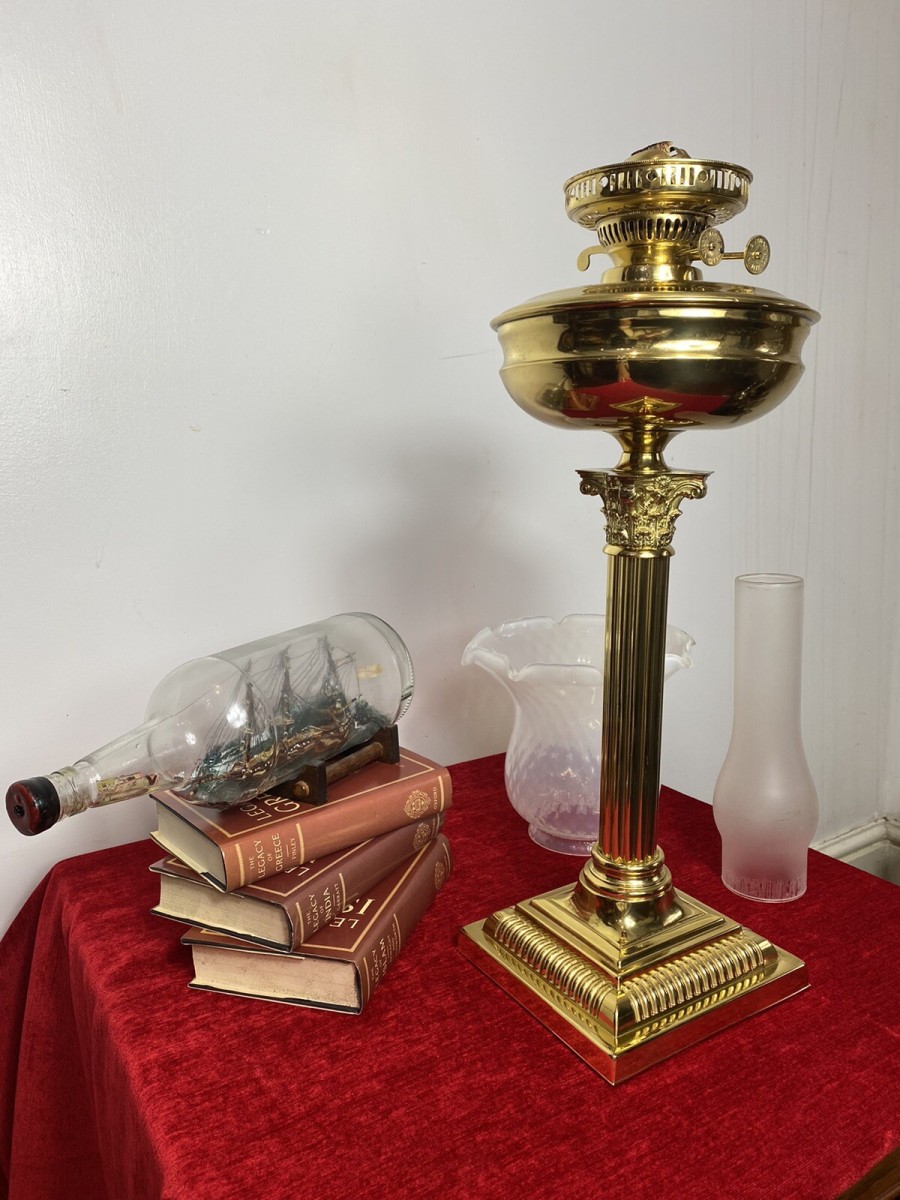 Brass Corinthian Column Table Oil Lamp With White Opaque Glass Funnel & Shade