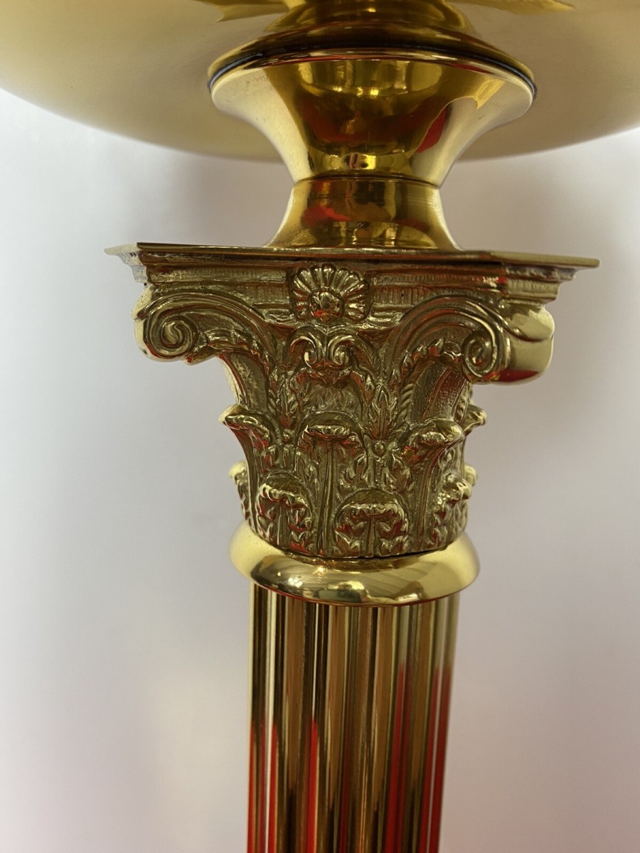 Brass Corinthian Column Table Oil Lamp With White Opaque Glass Funnel & Shade