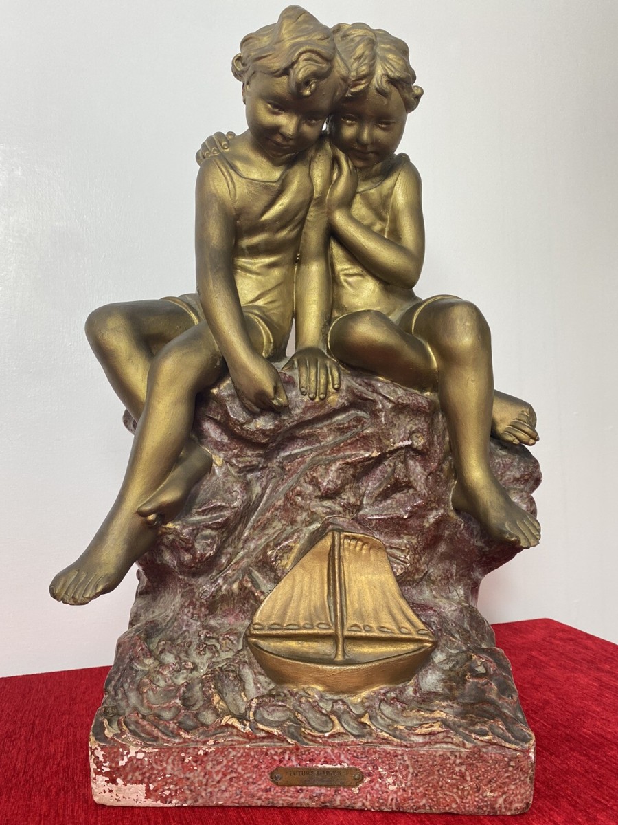 Primary image for French Art Nouveau Gilt Children Upon Rock With Sailboat Rouge Marbled Sculpture