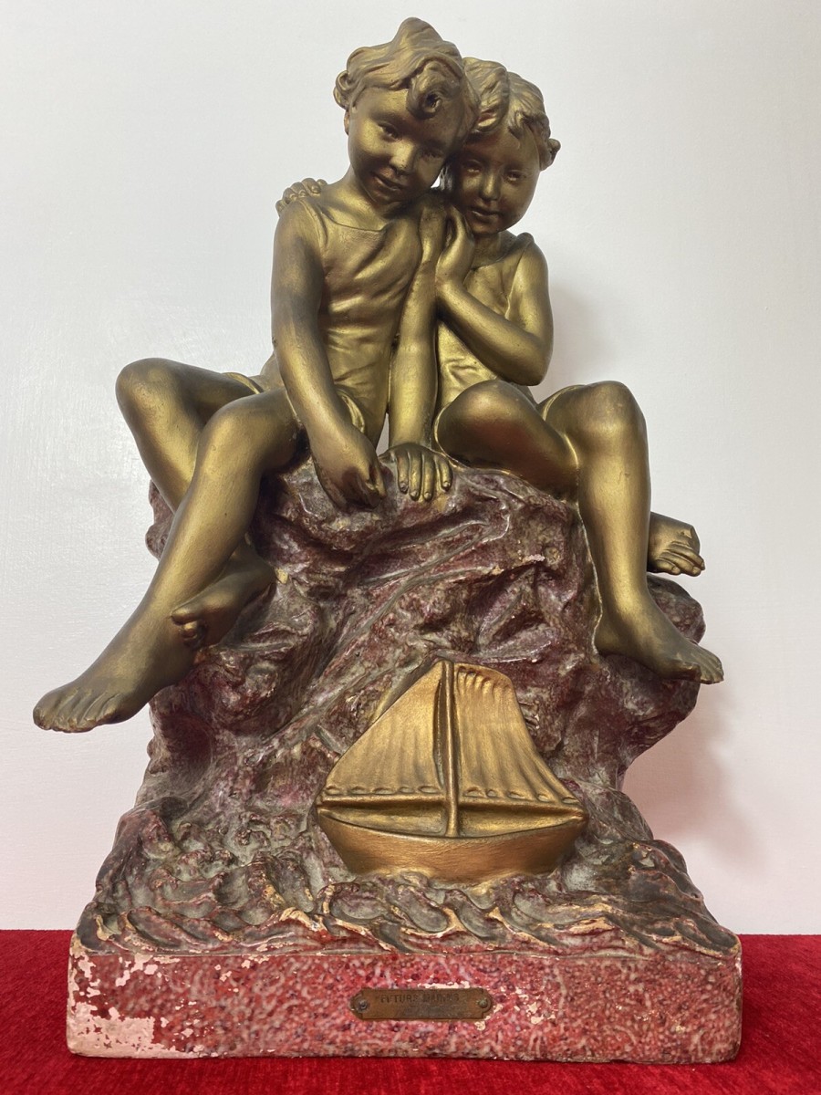 French Art Nouveau Gilt Children Upon Rock With Sailboat Rouge Marbled Sculpture