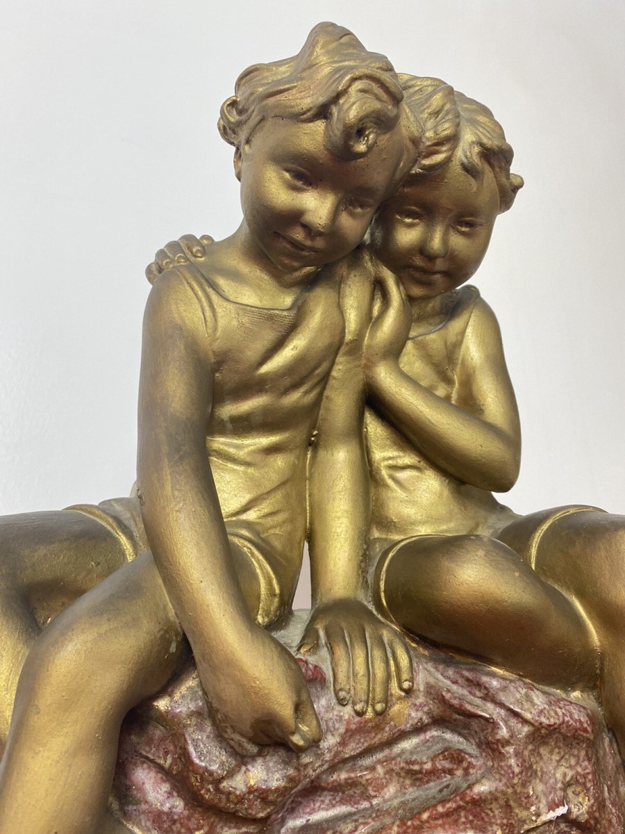 French Art Nouveau Gilt Children Upon Rock With Sailboat Rouge Marbled Sculpture