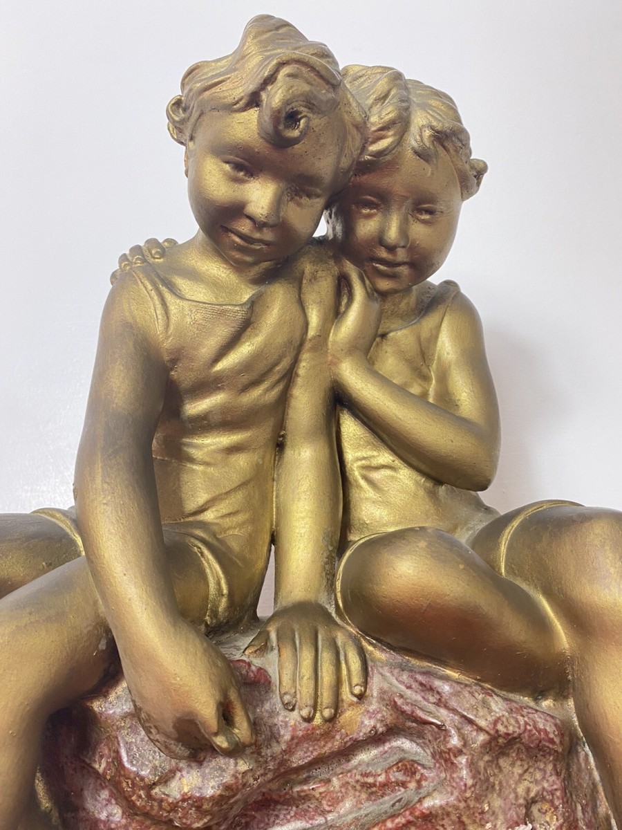 French Art Nouveau Gilt Children Upon Rock With Sailboat Rouge Marbled Sculpture