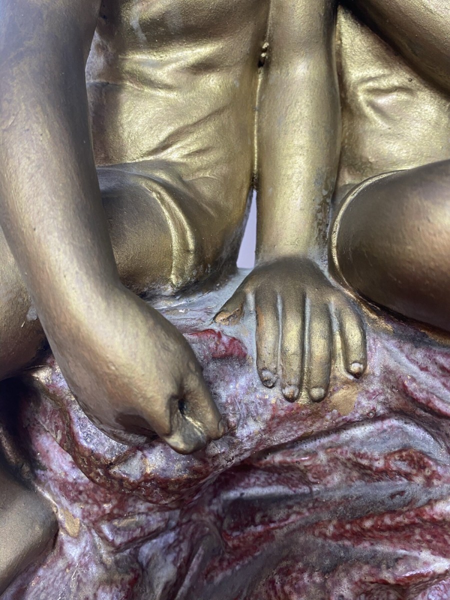 French Art Nouveau Gilt Children Upon Rock With Sailboat Rouge Marbled Sculpture