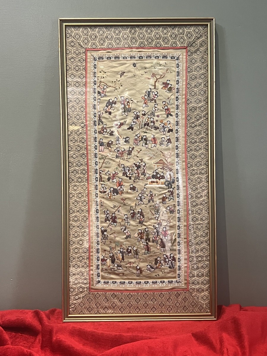 Primary image for Oriental Chinese Guó Huà Traditional 100 Children At Play Silk Work Embroidery