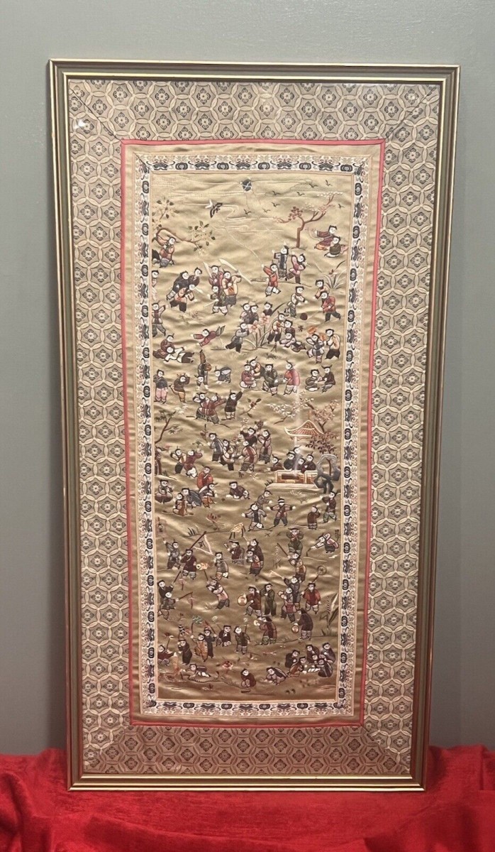 Oriental Chinese Guó Huà Traditional 100 Children At Play Silk Work Embroidery