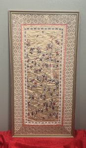 Oriental Chinese Guó Huà Traditional '100 Children At Play' Silk Work Embroidery Framed Circa - 1960 Composition - Silk Fabric With Silk Thread Work Listing Description Wonderful Chinese Hand Woven Silk Tapestry Of '100 Children At Play'. The Chinese Theme Of 100 Children Has Numerous, If Not Exactly 100 Children. The Exact Significance Of The Subject In Unknown, Although The Creator Of The Artwork Clearly Intended The Figures To Savoured Figure By Figure With Seemingly Inexhaustible Invention. The Embroiderer Has Characterised Each Performer In The Colourful Pageant With Unique Accoutrements And Action. All Figures Are Organised In A Coherent Composition Allowing All Figures To Be Seen In Clear Detail. The Children Are Set In Garden Setting Surrounded With Chinese Blossom Trees And Native Foliage. A Central Pagoda Filled With Young Women Watching Many Chinese Sports Play Out. Stunning Wall Display Showpiece In Rich Colour Ways Of Reds, Browns & Greens, Embroidered Upon Gold Silk With Detailed Double Boarder With Intricate Pipework. Artwork Set Inside Glazed Frame As Shown. Dimensions In Inches Height 26.5 X Width 13.5"