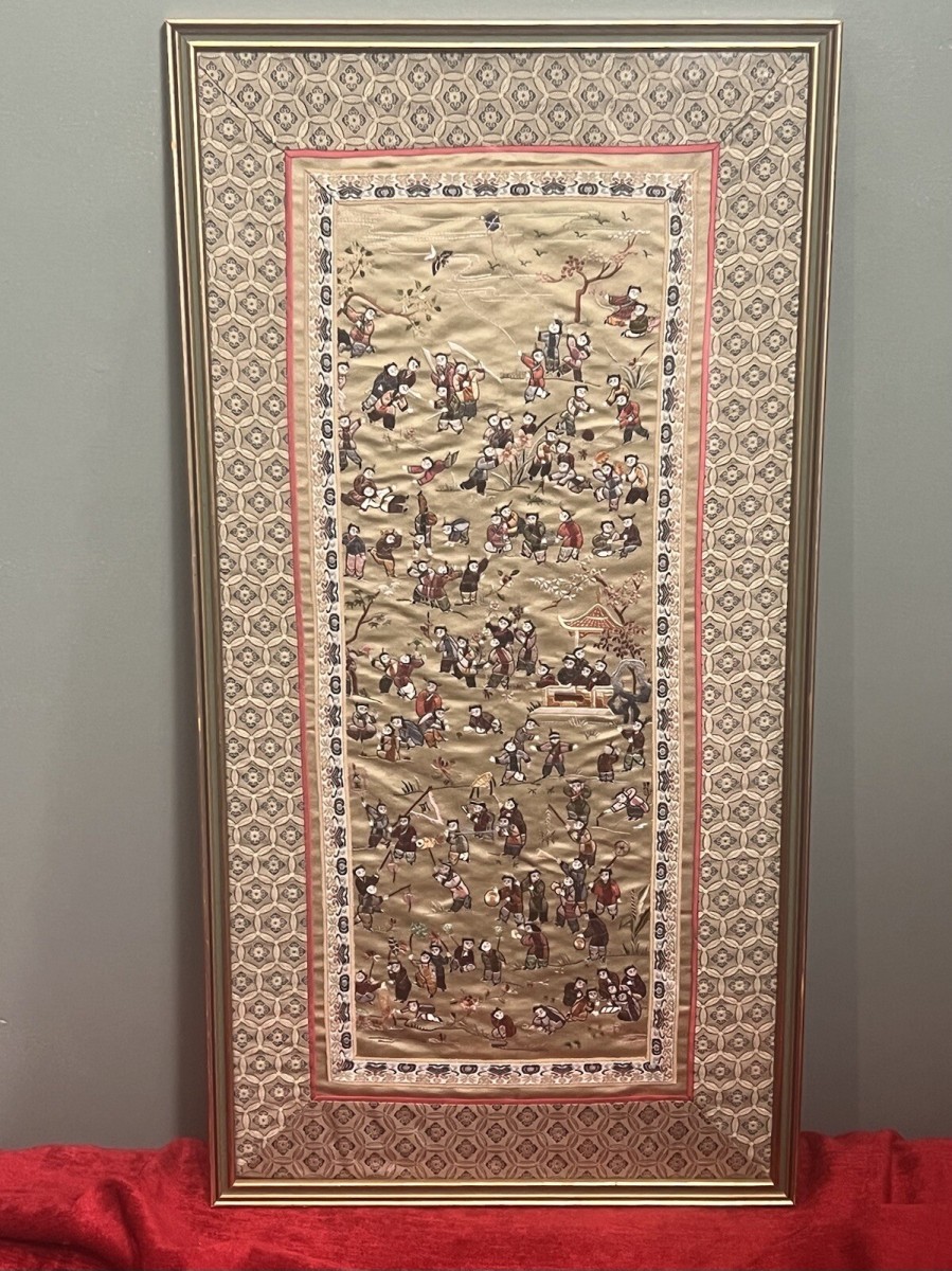 Oriental Chinese Guó Huà Traditional 100 Children At Play Silk Work Embroidery