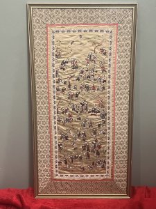 Oriental Chinese Guó Huà Traditional '100 Children At Play' Silk Work Embroidery Framed Circa - 1960 Composition - Silk Fabric With Silk Thread Work Listing Description Wonderful Chinese Hand Woven Silk Tapestry Of '100 Children At Play'. The Chinese Theme Of 100 Children Has Numerous, If Not Exactly 100 Children. The Exact Significance Of The Subject In Unknown, Although The Creator Of The Artwork Clearly Intended The Figures To Savoured Figure By Figure With Seemingly Inexhaustible Invention. The Embroiderer Has Characterised Each Performer In The Colourful Pageant With Unique Accoutrements And Action. All Figures Are Organised In A Coherent Composition Allowing All Figures To Be Seen In Clear Detail. The Children Are Set In Garden Setting Surrounded With Chinese Blossom Trees And Native Foliage. A Central Pagoda Filled With Young Women Watching Many Chinese Sports Play Out. Stunning Wall Display Showpiece In Rich Colour Ways Of Reds, Browns & Greens, Embroidered Upon Gold Silk With Detailed Double Boarder With Intricate Pipework. Artwork Set Inside Glazed Frame As Shown. Dimensions In Inches Height 26.5 X Width 13.5"