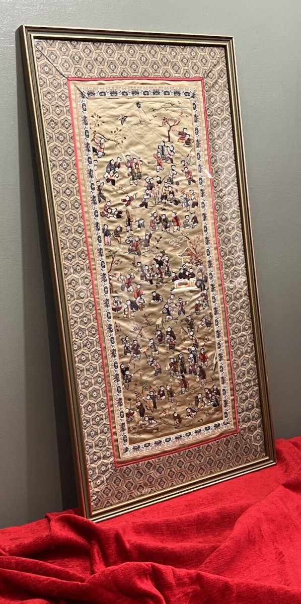 Oriental Chinese Guó Huà Traditional 100 Children At Play Silk Work Embroidery