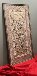 Oriental Chinese Guó Huà Traditional '100 Children At Play' Silk Work Embroidery Framed Circa - 1960 Composition - Silk Fabric With Silk Thread Work Listing Description Wonderful Chinese Hand Woven Silk Tapestry Of '100 Children At Play'. The Chinese Theme Of 100 Children Has Numerous, If Not Exactly 100 Children. The Exact Significance Of The Subject In Unknown, Although The Creator Of The Artwork Clearly Intended The Figures To Savoured Figure By Figure With Seemingly Inexhaustible Invention. The Embroiderer Has Characterised Each Performer In The Colourful Pageant With Unique Accoutrements And Action. All Figures Are Organised In A Coherent Composition Allowing All Figures To Be Seen In Clear Detail. The Children Are Set In Garden Setting Surrounded With Chinese Blossom Trees And Native Foliage. A Central Pagoda Filled With Young Women Watching Many Chinese Sports Play Out. Stunning Wall Display Showpiece In Rich Colour Ways Of Reds, Browns & Greens, Embroidered Upon Gold Silk With Detailed Double Boarder With Intricate Pipework. Artwork Set Inside Glazed Frame As Shown. Dimensions In Inches Height 26.5 X Width 13.5"