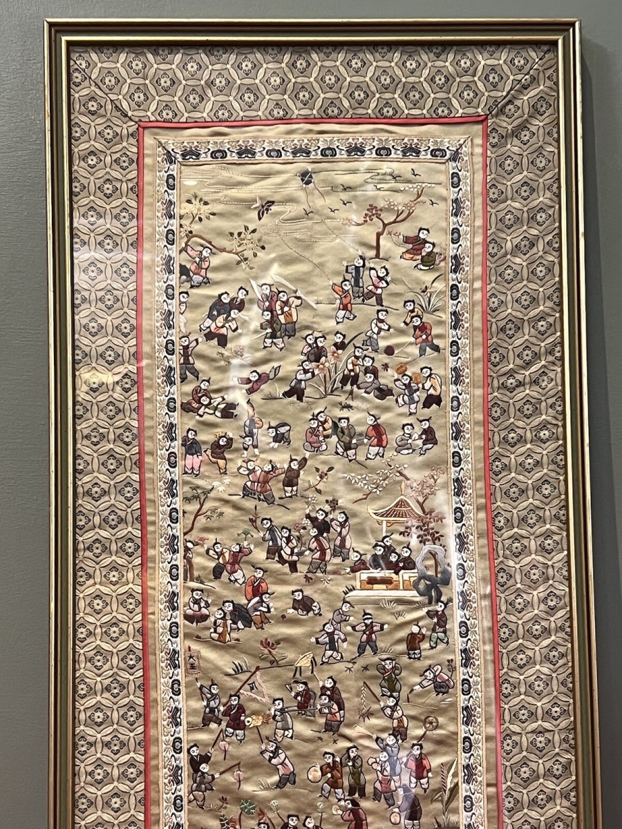 Oriental Chinese Guó Huà Traditional 100 Children At Play Silk Work Embroidery