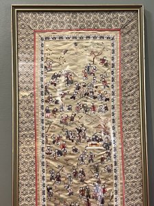 Oriental Chinese Guó Huà Traditional '100 Children At Play' Silk Work Embroidery Framed Circa - 1960 Composition - Silk Fabric With Silk Thread Work Listing Description Wonderful Chinese Hand Woven Silk Tapestry Of '100 Children At Play'. The Chinese Theme Of 100 Children Has Numerous, If Not Exactly 100 Children. The Exact Significance Of The Subject In Unknown, Although The Creator Of The Artwork Clearly Intended The Figures To Savoured Figure By Figure With Seemingly Inexhaustible Invention. The Embroiderer Has Characterised Each Performer In The Colourful Pageant With Unique Accoutrements And Action. All Figures Are Organised In A Coherent Composition Allowing All Figures To Be Seen In Clear Detail. The Children Are Set In Garden Setting Surrounded With Chinese Blossom Trees And Native Foliage. A Central Pagoda Filled With Young Women Watching Many Chinese Sports Play Out. Stunning Wall Display Showpiece In Rich Colour Ways Of Reds, Browns & Greens, Embroidered Upon Gold Silk With Detailed Double Boarder With Intricate Pipework. Artwork Set Inside Glazed Frame As Shown. Dimensions In Inches Height 26.5 X Width 13.5"