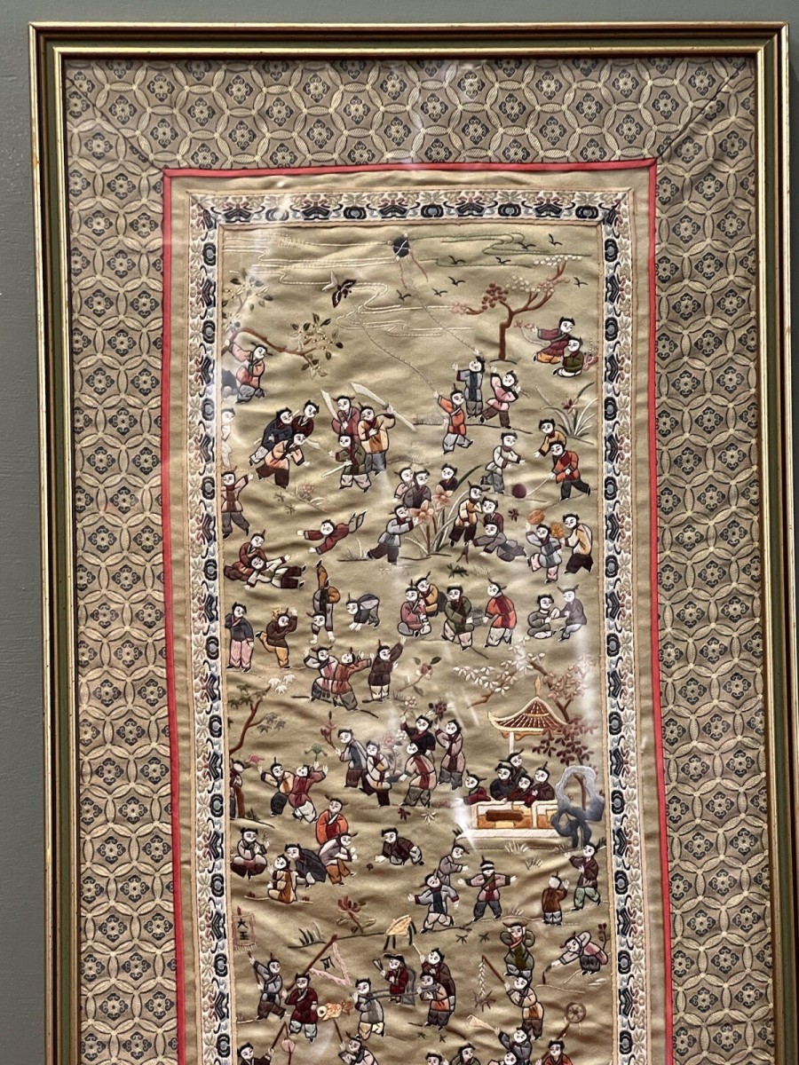 Oriental Chinese Guó Huà Traditional 100 Children At Play Silk Work Embroidery
