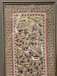 Oriental Chinese Guó Huà Traditional '100 Children At Play' Silk Work Embroidery Framed Circa - 1960 Composition - Silk Fabric With Silk Thread Work Listing Description Wonderful Chinese Hand Woven Silk Tapestry Of '100 Children At Play'. The Chinese Theme Of 100 Children Has Numerous, If Not Exactly 100 Children. The Exact Significance Of The Subject In Unknown, Although The Creator Of The Artwork Clearly Intended The Figures To Savoured Figure By Figure With Seemingly Inexhaustible Invention. The Embroiderer Has Characterised Each Performer In The Colourful Pageant With Unique Accoutrements And Action. All Figures Are Organised In A Coherent Composition Allowing All Figures To Be Seen In Clear Detail. The Children Are Set In Garden Setting Surrounded With Chinese Blossom Trees And Native Foliage. A Central Pagoda Filled With Young Women Watching Many Chinese Sports Play Out. Stunning Wall Display Showpiece In Rich Colour Ways Of Reds, Browns & Greens, Embroidered Upon Gold Silk With Detailed Double Boarder With Intricate Pipework. Artwork Set Inside Glazed Frame As Shown. Dimensions In Inches Height 26.5 X Width 13.5"