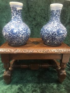 Pair Of Rich Kelp And Vine Foliage Blue Ming Style Conecal Vases Kelp And Vine Pattern In Rich Blue Colour Stunning Conical Shape With Long Neck And Bulbas Bass Replica Markings On The Bases Of Genuine 16th Century Markings Heavy Porcelain Enchanting Look For Exceptional Price Dimensions In Inches Height 6” Width 5”