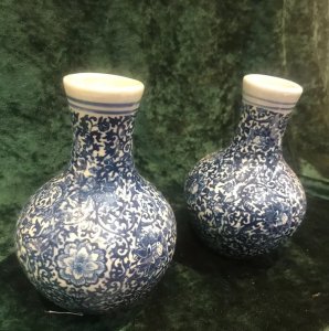 Pair Of Rich Kelp And Vine Foliage Blue Ming Style Conecal Vases Kelp And Vine Pattern In Rich Blue Colour Stunning Conical Shape With Long Neck And Bulbas Bass Replica Markings On The Bases Of Genuine 16th Century Markings Heavy Porcelain Enchanting Look For Exceptional Price Dimensions In Inches Height 6” Width 5”