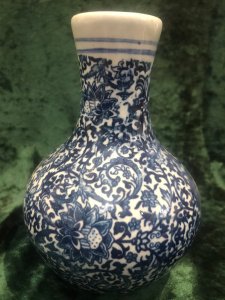 Pair Of Rich Kelp And Vine Foliage Blue Ming Style Conecal Vases Kelp And Vine Pattern In Rich Blue Colour Stunning Conical Shape With Long Neck And Bulbas Bass Replica Markings On The Bases Of Genuine 16th Century Markings Heavy Porcelain Enchanting Look For Exceptional Price Dimensions In Inches Height 6” Width 5”