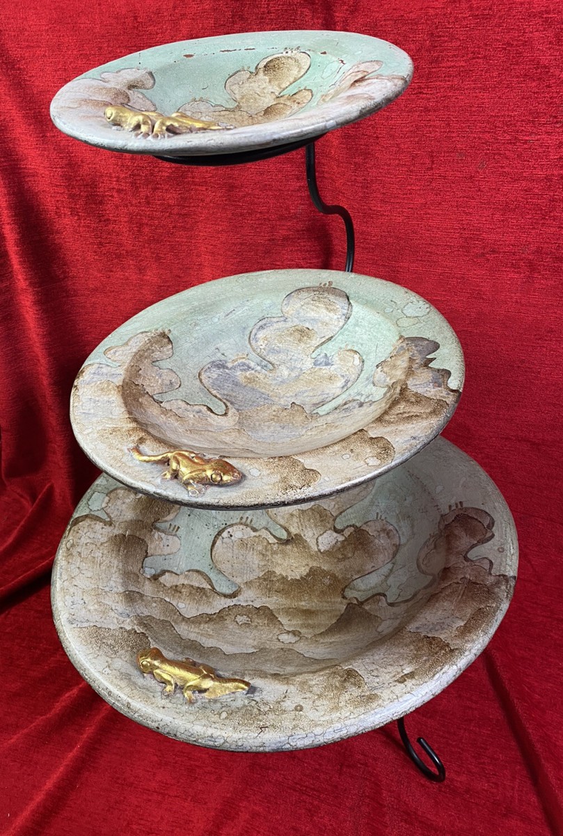 Vintage Mesa Verde Style Hand Painted 3 Tier Fruit Stand With Lizard Motifs