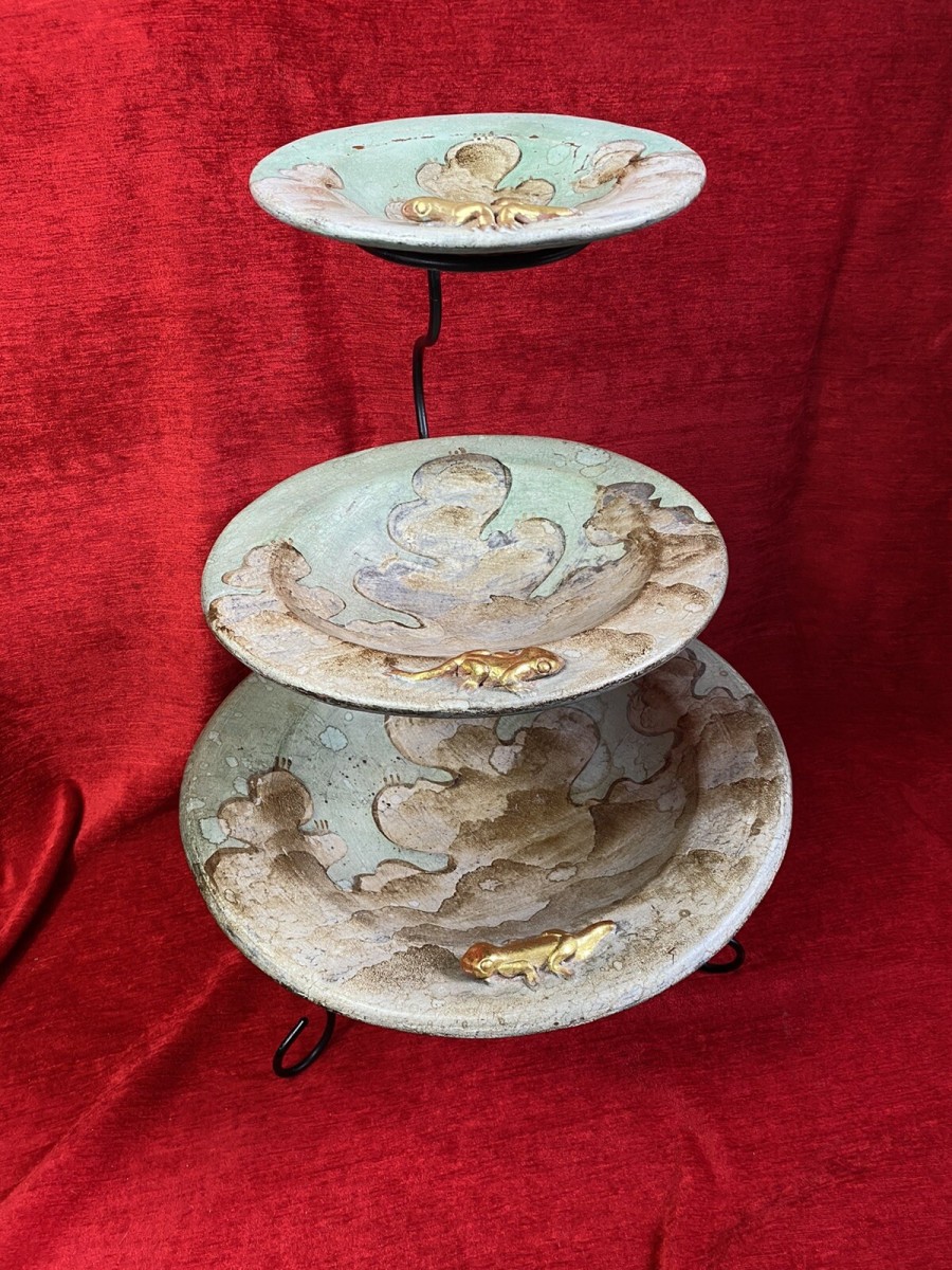 Vintage Mesa Verde Style Hand Painted 3 Tier Fruit Stand With Lizard Motifs