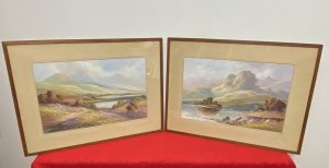 Stunning Pair Of Glazed Gouache Impressionist Paintings By Artist H T Watson. Medium - Gouache On Vellum Awe Inspiring Pair Of Impressionistic Landscape Paintings By Talented Welsh Artist Henry Watson. First Painting (Left) Titled : Lyn Gwynant Lake, Snowdonia, Wales. Depicts The Rolling Snowdonia Hills Covered In Spring Floral (Pink, Purple, Blue, Yellow) Colour Display With Delicately Painted Foliage. Two Figures Walk Down A Path Towards The Lake. Stunning Perspective Of The Mountains In The Distance And There Reflection In Dark Grey Reflecting On The Lakes Surface. Signed ByArtist (Right Bottom Corner). Second Painting (Right Side) Titled : Killarney Lake, Killarney National Park, County Kerry, Ireland. Killarney National Park Consists Of Three Lakes This Painting Is Believed To be The Largest Of The Three Lakes Called Lough Leane. The Lake Holds Tbe Largest Body Of Fresh Water For The Region And Is Dotted With Small Forested Islands. The Painting Shows In Detail A Stunning Mountainous Background In Rich Greens And Earth Tones WithThe Small Islands Covered In Dense Foliage Surrounded By Large Rock Boulders. Beautiful Pink/ Purple Flowers Painted Towards The Waters Edge. Amazing Perspective With Beautifully Painted Spring Hues And Blue Sky. Both Paintings Set In Glazed Wooden Frame With Cream Card Boarder. Dimensions In Inches Frame Height 15.5” X Width 20.5” Painting Height 9 3/4 X Width 14 3/4”