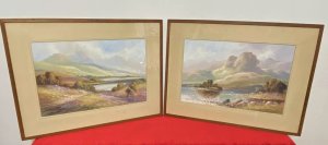 Stunning Pair Of Glazed Gouache Impressionist Paintings By Artist H T Watson. Medium - Gouache On Vellum Awe Inspiring Pair Of Impressionistic Landscape Paintings By Talented Welsh Artist Henry Watson. First Painting (Left) Titled : Lyn Gwynant Lake, Snowdonia, Wales. Depicts The Rolling Snowdonia Hills Covered In Spring Floral (Pink, Purple, Blue, Yellow) Colour Display With Delicately Painted Foliage. Two Figures Walk Down A Path Towards The Lake. Stunning Perspective Of The Mountains In The Distance And There Reflection In Dark Grey Reflecting On The Lakes Surface. Signed ByArtist (Right Bottom Corner). Second Painting (Right Side) Titled : Killarney Lake, Killarney National Park, County Kerry, Ireland. Killarney National Park Consists Of Three Lakes This Painting Is Believed To be The Largest Of The Three Lakes Called Lough Leane. The Lake Holds Tbe Largest Body Of Fresh Water For The Region And Is Dotted With Small Forested Islands. The Painting Shows In Detail A Stunning Mountainous Background In Rich Greens And Earth Tones WithThe Small Islands Covered In Dense Foliage Surrounded By Large Rock Boulders. Beautiful Pink/ Purple Flowers Painted Towards The Waters Edge. Amazing Perspective With Beautifully Painted Spring Hues And Blue Sky. Both Paintings Set In Glazed Wooden Frame With Cream Card Boarder. Dimensions In Inches Frame Height 15.5” X Width 20.5” Painting Height 9 3/4 X Width 14 3/4”