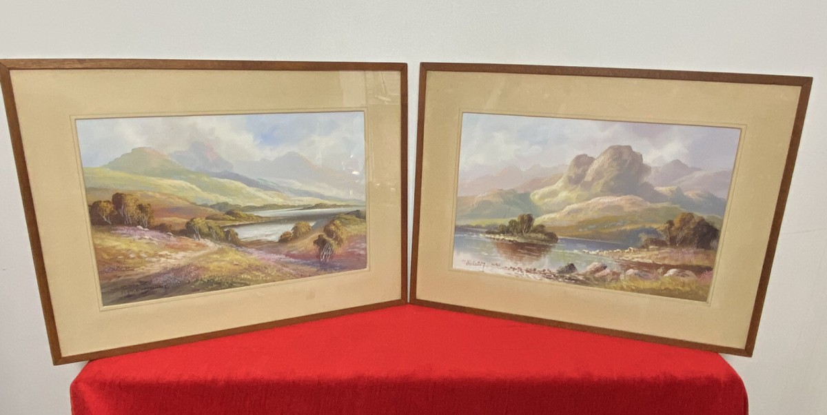Stunning Pair Of Glazed Gouache Impressionist Paintings By Artist H T Watson