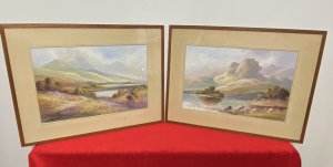 Stunning Pair Of Glazed Gouache Impressionist Paintings By Artist H T Watson. Medium - Gouache On Vellum Awe Inspiring Pair Of Impressionistic Landscape Paintings By Talented Welsh Artist Henry Watson. First Painting (Left) Titled : Lyn Gwynant Lake, Snowdonia, Wales. Depicts The Rolling Snowdonia Hills Covered In Spring Floral (Pink, Purple, Blue, Yellow) Colour Display With Delicately Painted Foliage. Two Figures Walk Down A Path Towards The Lake. Stunning Perspective Of The Mountains In The Distance And There Reflection In Dark Grey Reflecting On The Lakes Surface. Signed ByArtist (Right Bottom Corner). Second Painting (Right Side) Titled : Killarney Lake, Killarney National Park, County Kerry, Ireland. Killarney National Park Consists Of Three Lakes This Painting Is Believed To be The Largest Of The Three Lakes Called Lough Leane. The Lake Holds Tbe Largest Body Of Fresh Water For The Region And Is Dotted With Small Forested Islands. The Painting Shows In Detail A Stunning Mountainous Background In Rich Greens And Earth Tones WithThe Small Islands Covered In Dense Foliage Surrounded By Large Rock Boulders. Beautiful Pink/ Purple Flowers Painted Towards The Waters Edge. Amazing Perspective With Beautifully Painted Spring Hues And Blue Sky. Both Paintings Set In Glazed Wooden Frame With Cream Card Boarder. Dimensions In Inches Frame Height 15.5” X Width 20.5” Painting Height 9 3/4 X Width 14 3/4”