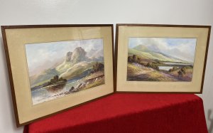 Stunning Pair Of Glazed Gouache Impressionist Paintings By Artist H T Watson. Medium - Gouache On Vellum Awe Inspiring Pair Of Impressionistic Landscape Paintings By Talented Welsh Artist Henry Watson. First Painting (Left) Titled : Lyn Gwynant Lake, Snowdonia, Wales. Depicts The Rolling Snowdonia Hills Covered In Spring Floral (Pink, Purple, Blue, Yellow) Colour Display With Delicately Painted Foliage. Two Figures Walk Down A Path Towards The Lake. Stunning Perspective Of The Mountains In The Distance And There Reflection In Dark Grey Reflecting On The Lakes Surface. Signed ByArtist (Right Bottom Corner). Second Painting (Right Side) Titled : Killarney Lake, Killarney National Park, County Kerry, Ireland. Killarney National Park Consists Of Three Lakes This Painting Is Believed To be The Largest Of The Three Lakes Called Lough Leane. The Lake Holds Tbe Largest Body Of Fresh Water For The Region And Is Dotted With Small Forested Islands. The Painting Shows In Detail A Stunning Mountainous Background In Rich Greens And Earth Tones WithThe Small Islands Covered In Dense Foliage Surrounded By Large Rock Boulders. Beautiful Pink/ Purple Flowers Painted Towards The Waters Edge. Amazing Perspective With Beautifully Painted Spring Hues And Blue Sky. Both Paintings Set In Glazed Wooden Frame With Cream Card Boarder. Dimensions In Inches Frame Height 15.5” X Width 20.5” Painting Height 9 3/4 X Width 14 3/4”
