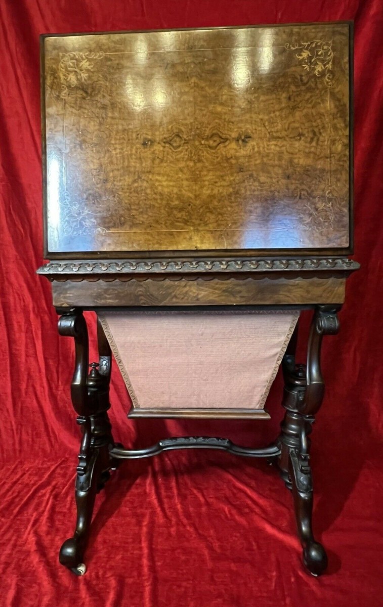 Victorian C1860 Museum Quality Burl Walnut And Marquetry Inlaid Sewing Table