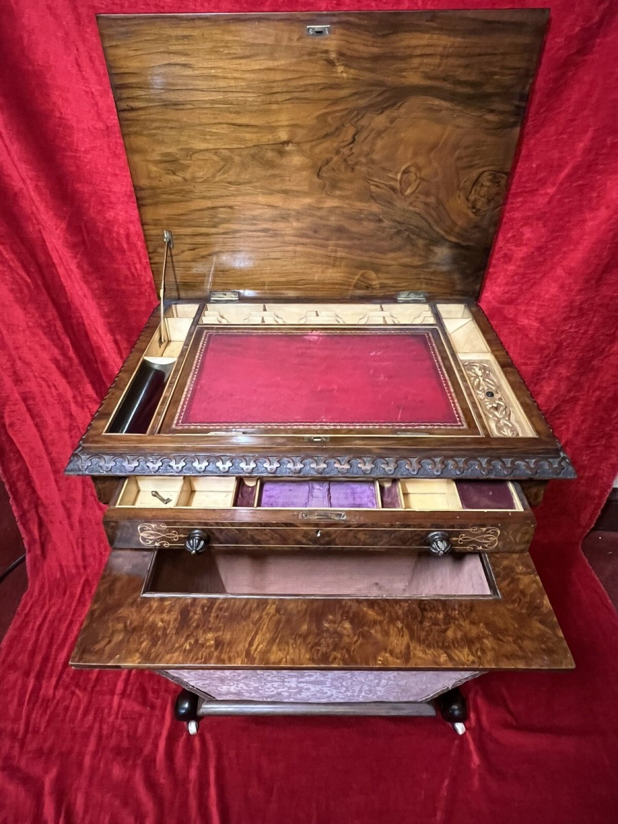 Victorian C1860 Museum Quality Burl Walnut And Marquetry Inlaid Sewing Table