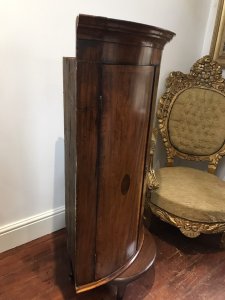 Period Antique 18Th Century George III Corner Cupboard Mahogany Corner Cupboard Cross Banded With Satinwood With Herringbone Inlays And Shell Motifs On The Bow Fronted Doors Ornate Cornice And Shaped Shelves Inside With 3 Oak Lined Drawers Original Lock And Key A Stunning Antique Investment Provenance Purchased From Stately Home In Shropshire Dimensions In Inches Height 42” Width 29” Depth 20.5”