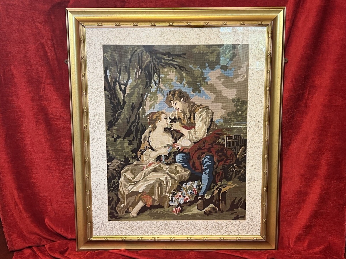 Primary image for French Wool Work Tapestry Of Lovers Romancing In Garden Scene Framed