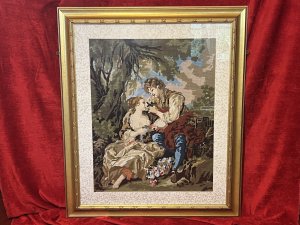 French Wool-Work Tapestry Of Lovers Romancing In Garden Scene Framed Circa - 1950's Composition - Wool-Work Tapestry In Glazed Gilt Frame Listing Description Wonderful French Wool-work Composition Depicting 18th Century French Lovers Romancing. The Lady Holding Flowers Sits Gazing Towards A Handsome Nobleman, His Arm Reaches Around Her Shoulder. A Basket Of Roses Upon The Ground. Both Figures In Clothing Of The Period Surrounded By Abundant Foliage. Finely Detailed Tapestry In Wonderful Vibrant Hues Set In Glazed Gilt Frame With Boarder. Dimensions In Inches Height 36" X Width 30 3/4" For Further Information Please Call 07376 618513 Thank-you