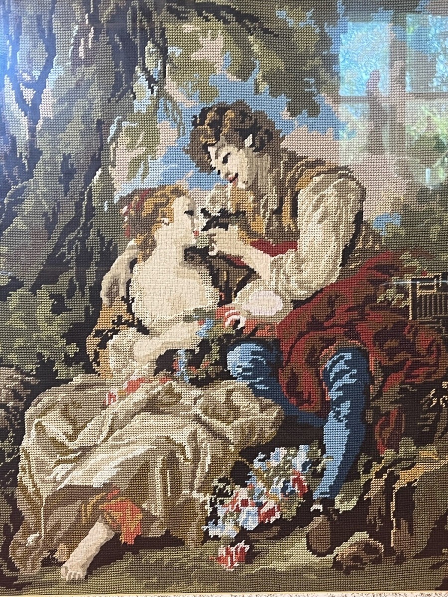 French Wool Work Tapestry Of Lovers Romancing In Garden Scene Framed