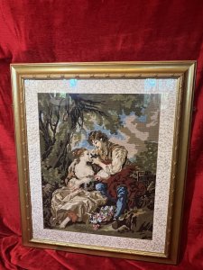 French Wool-Work Tapestry Of Lovers Romancing In Garden Scene Framed Circa - 1950's Composition - Wool-Work Tapestry In Glazed Gilt Frame Listing Description Wonderful French Wool-work Composition Depicting 18th Century French Lovers Romancing. The Lady Holding Flowers Sits Gazing Towards A Handsome Nobleman, His Arm Reaches Around Her Shoulder. A Basket Of Roses Upon The Ground. Both Figures In Clothing Of The Period Surrounded By Abundant Foliage. Finely Detailed Tapestry In Wonderful Vibrant Hues Set In Glazed Gilt Frame With Boarder. Dimensions In Inches Height 36" X Width 30 3/4" For Further Information Please Call 07376 618513 Thank-you