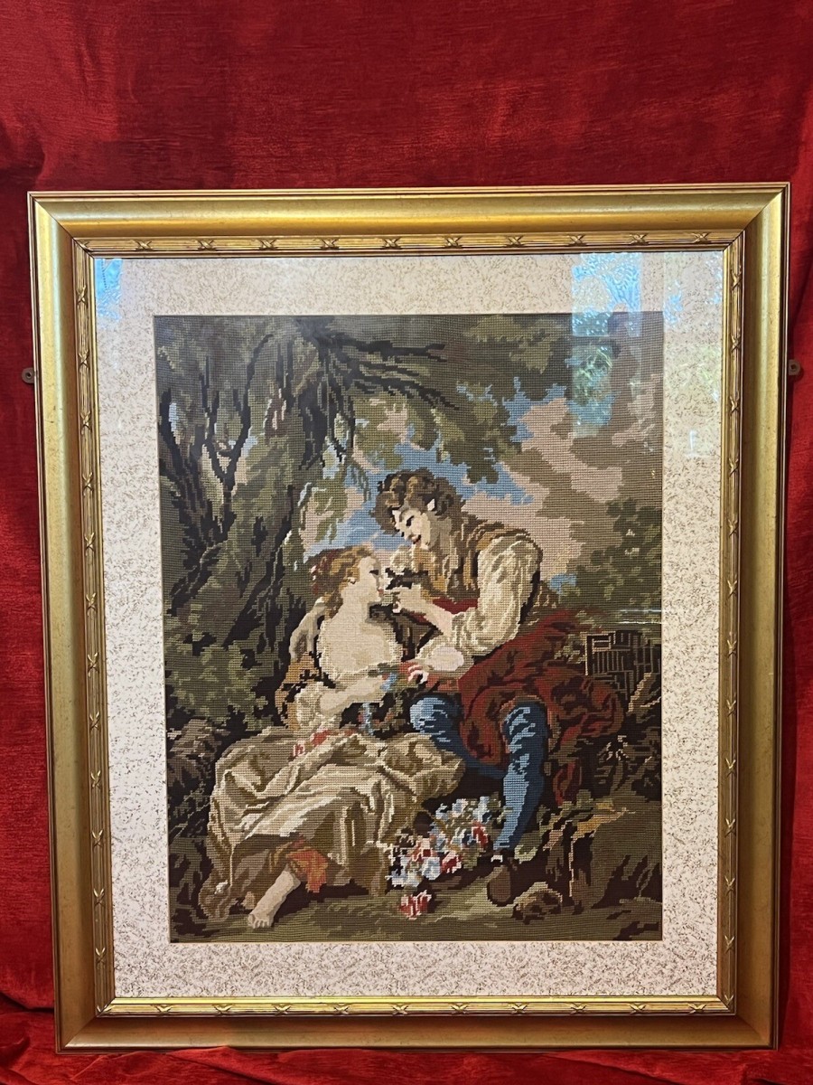 French Wool Work Tapestry Of Lovers Romancing In Garden Scene Framed