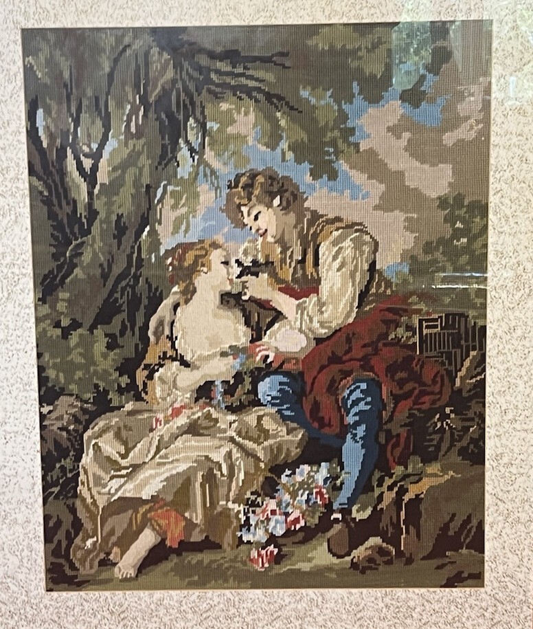 French Wool Work Tapestry Of Lovers Romancing In Garden Scene Framed