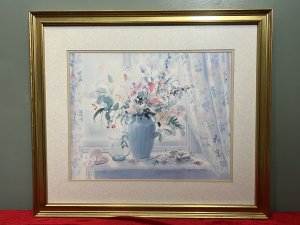 British Artist Celia Russell Vintage Watercolour Print ' The Flower Press' Circa - 1970's Composition - Ink On Vellum Listing Description Pastel Hue Artwork Of Floral Window Display Titled 'The Flower Press' by Artist Celia Russell. Signed And Set In Glazed Gilt frame. Dimensions In Inches Height X Width For Further information Please Call The Museum Curator On 07707 488566. Thank-you