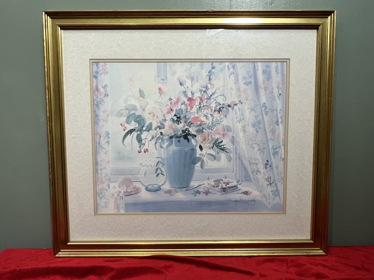 Celia Russell Watercolour Print 'the Flower Press' In Gilt Frame