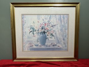 British Artist Celia Russell Vintage Watercolour Print ' The Flower Press' Circa - 1970's Composition - Ink On Vellum Listing Description Pastel Hue Artwork Of Floral Window Display Titled 'The Flower Press' by Artist Celia Russell. Signed And Set In Glazed Gilt frame. Dimensions In Inches Height X Width For Further information Please Call The Museum Curator On 07707 488566. Thank-you