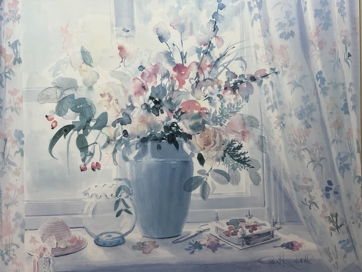 Celia Russell Watercolour Print 'the Flower Press' In Gilt Frame