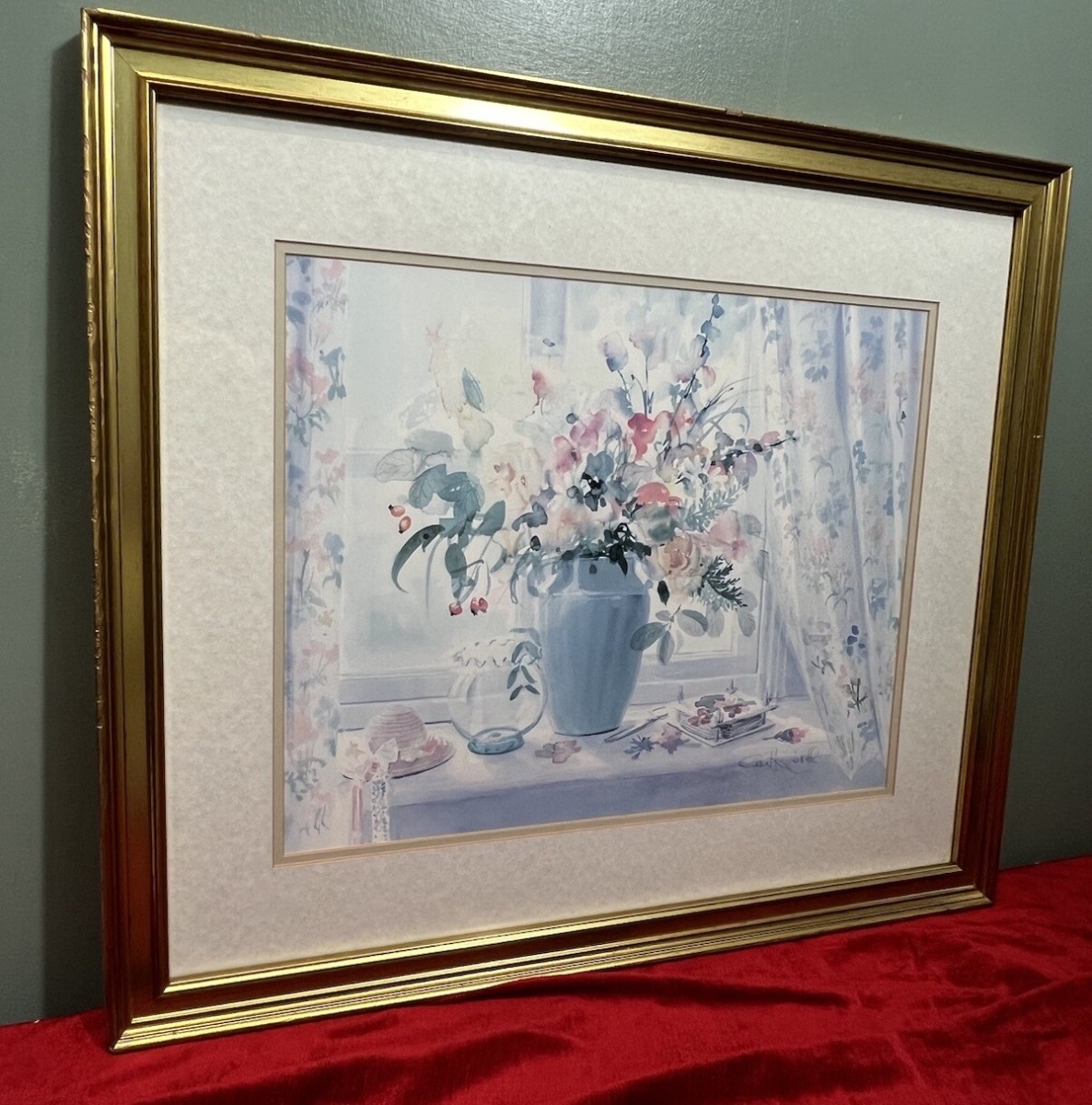 Celia Russell Watercolour Print 'the Flower Press' In Gilt Frame