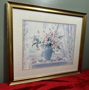 British Artist Celia Russell Vintage Watercolour Print ' The Flower Press' Circa - 1970's Composition - Ink On Vellum Listing Description Pastel Hue Artwork Of Floral Window Display Titled 'The Flower Press' by Artist Celia Russell. Signed And Set In Glazed Gilt frame. Dimensions In Inches Height X Width For Further information Please Call The Museum Curator On 07707 488566. Thank-you