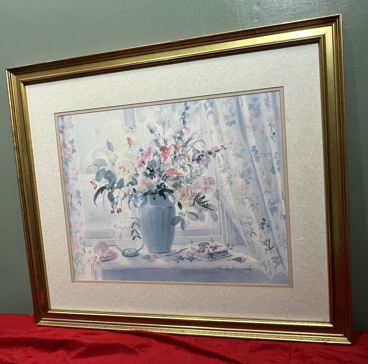 Celia Russell Watercolour Print 'the Flower Press' In Gilt Frame
