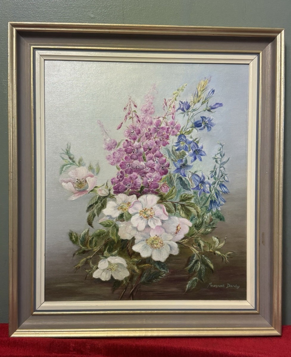 British 20th Century Hedgerow Flowers Painting By Artist Margaret Dandy