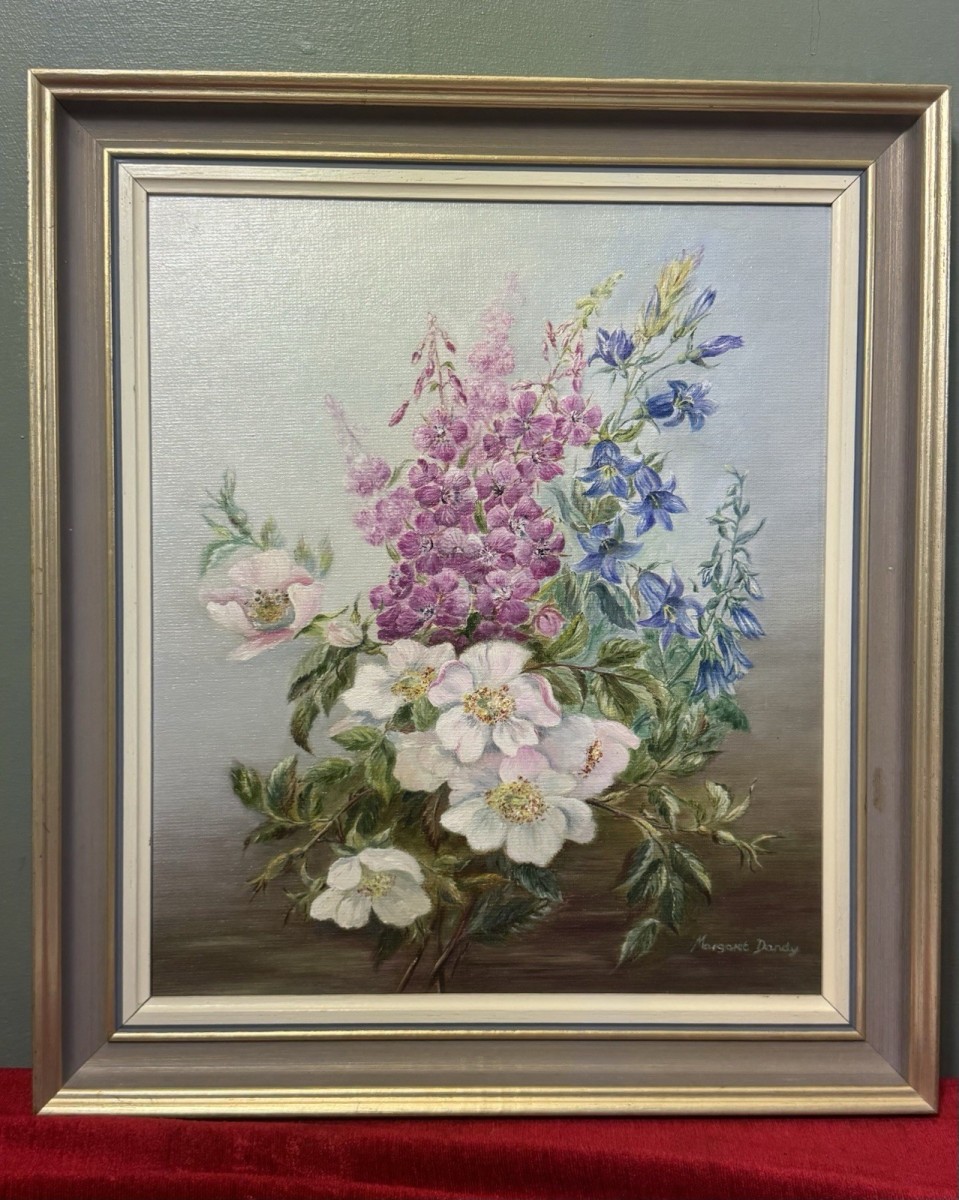 British 20th Century Hedgerow Flowers Painting By Artist Margaret Dandy