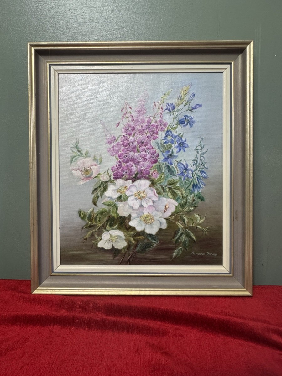 British 20th Century Hedgerow Flowers Painting By Artist Margaret Dandy