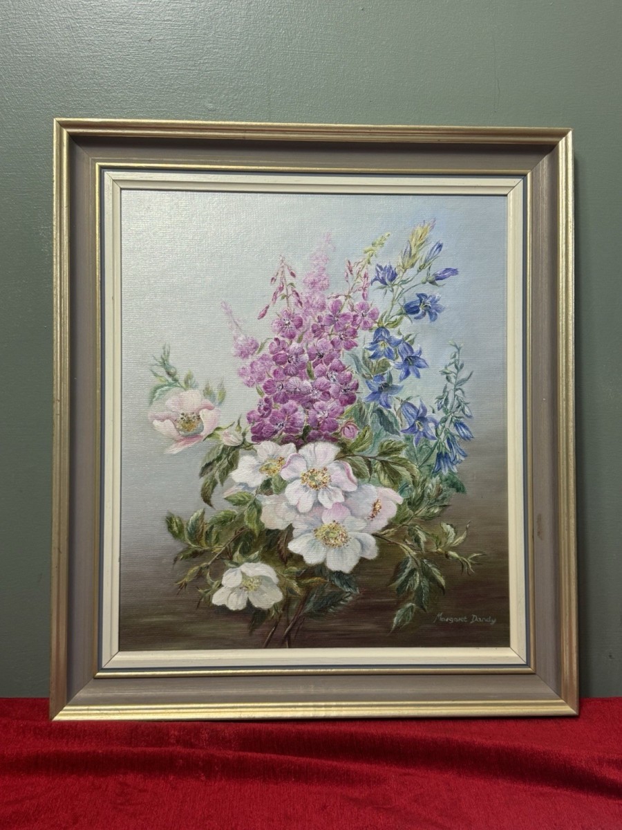 British 20th Century Hedgerow Flowers Painting By Artist Margaret Dandy