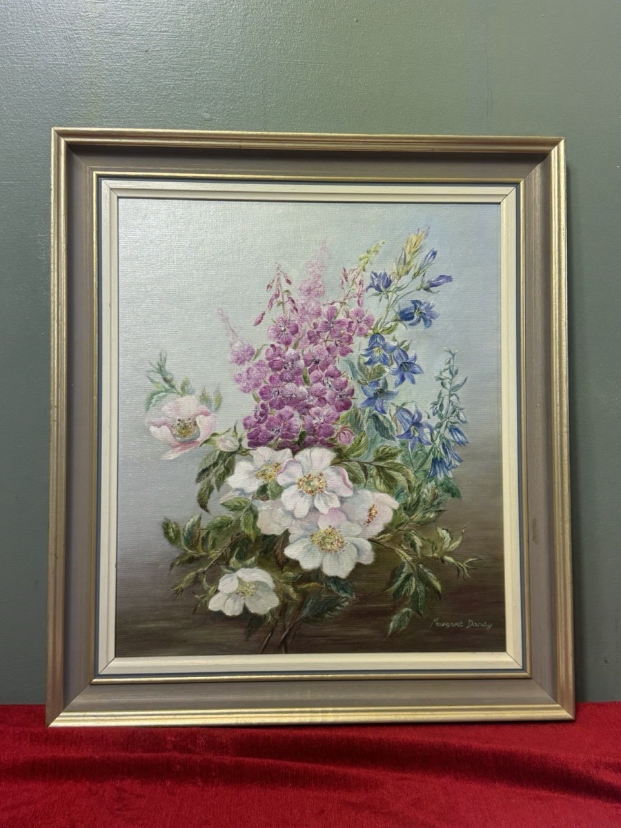 British 20th Century Hedgerow Flowers Painting By Artist Margaret Dandy